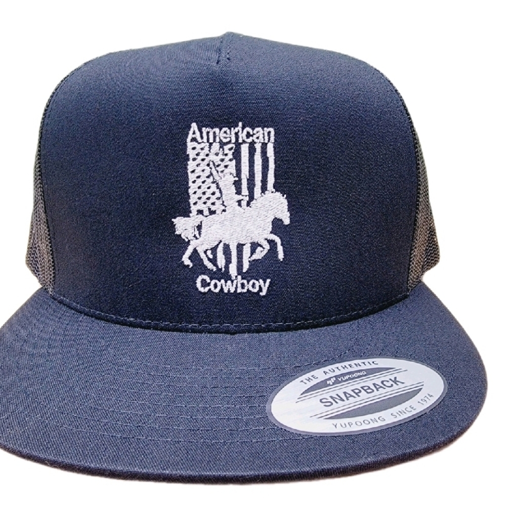 American Cowboy Flat Bill Mesh Snapback Black Cap Hat Embroidered